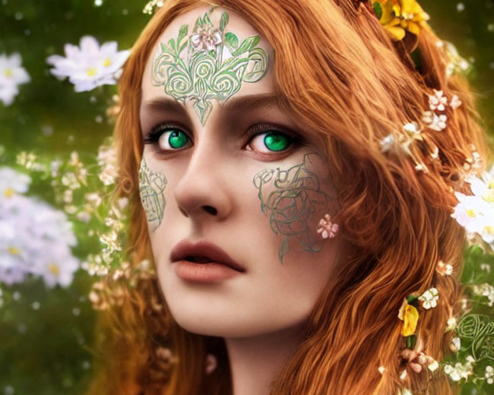 Artwork featuring woman with vibrant green eyes, red hair, floral crown, and green leaf patterns.