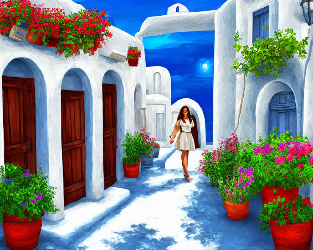 Woman Walking in Vibrant Alley with White Walls, Blue Doors, and Red Flowers