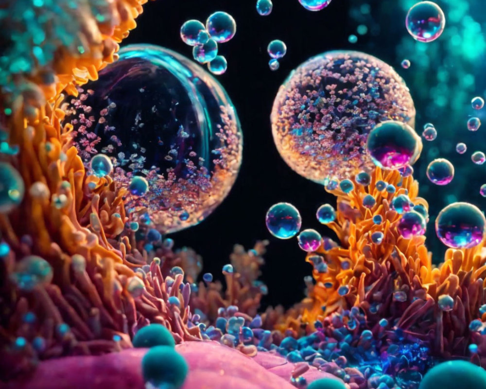 Vibrant landscape with spherical bubbles and coral-like structures