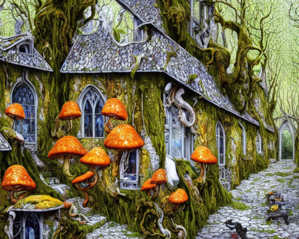 Fantastical tree house illustration with cobblestone path