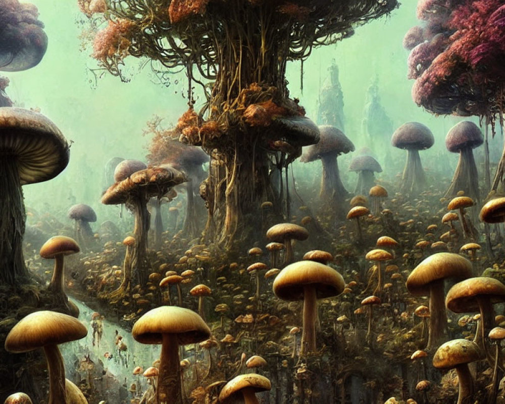 Vibrant oversized mushrooms in mystical forest.