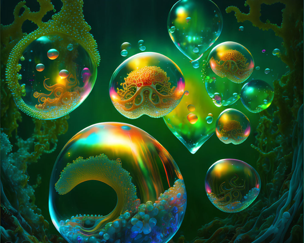 Colorful underwater bubbles and green coral structures in vibrant scene