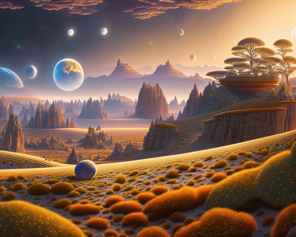 Alien landscape with rock formations, surreal vegetation, and multiple moons