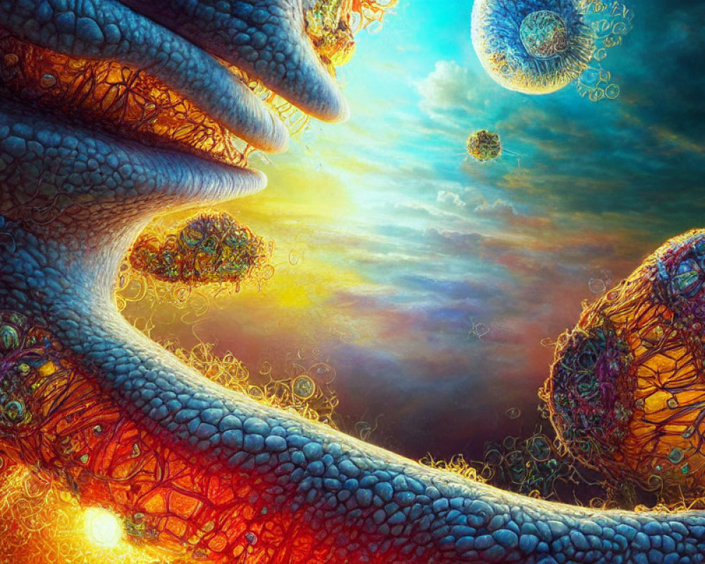 Intricately textured swirling structures in vibrant sunset landscape