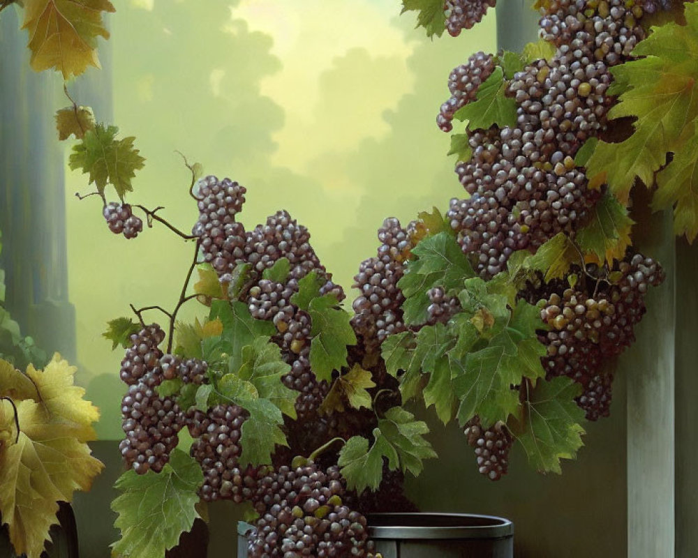 Ripe Purple Grapes Among Green Leaves on Soft Yellow-Green Background