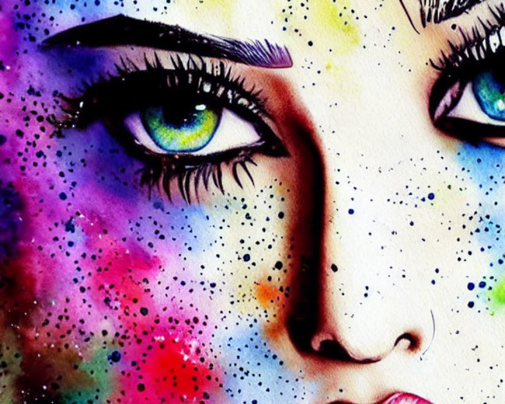 Colorful Watercolor Painting of Woman's Face with Expressive Eyes