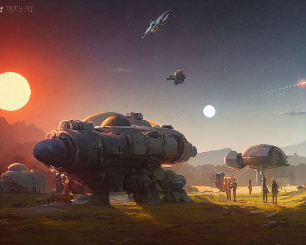 Futuristic sunset scene with spaceship, flying crafts, domed structures, and people