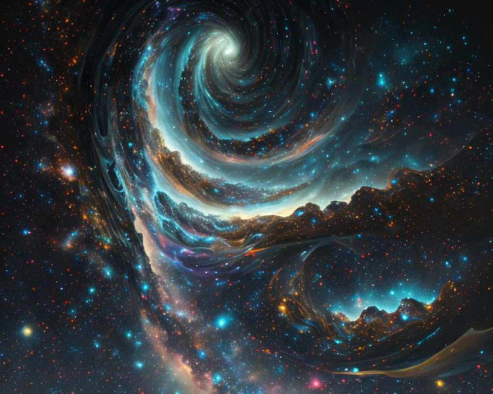 Blue and Orange Cosmic Swirl with Stars and Nebulae