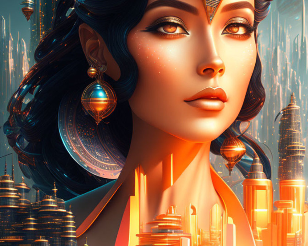 Futuristic digital art portrait of a woman with neon-lit cityscape