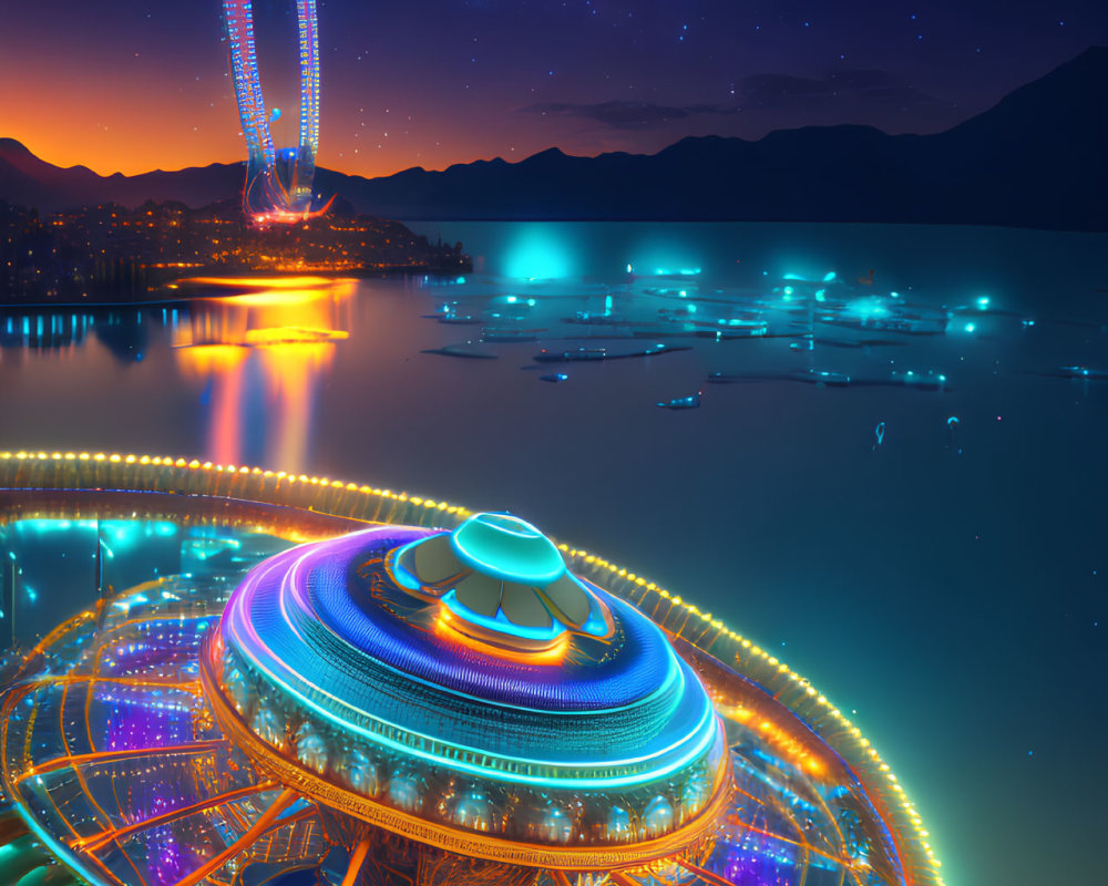 Futuristic neon-lit cityscape with glowing ferris wheel at night