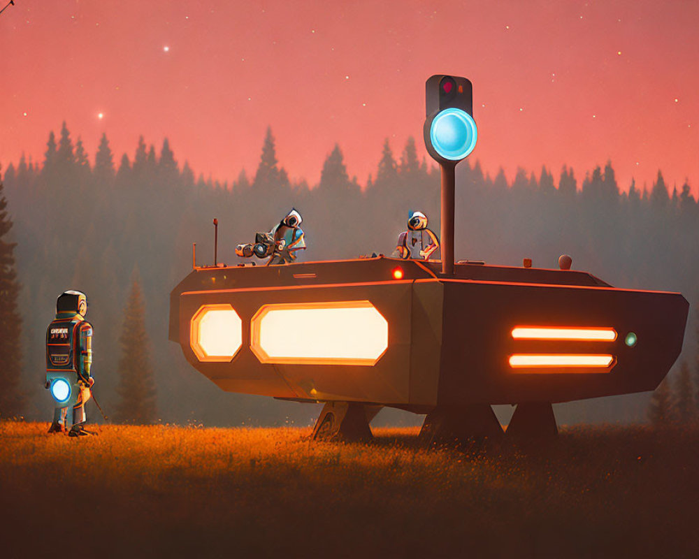 Futuristic robots in meadow at dusk with ship and stargazing robot