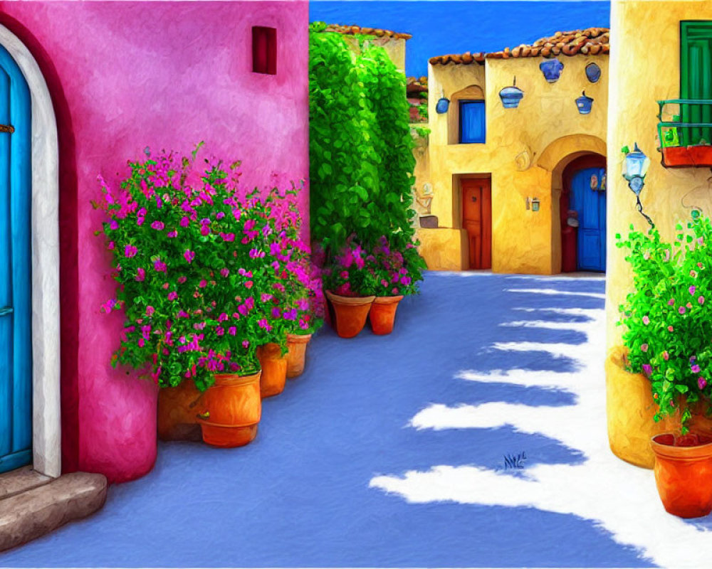 Vibrant Mediterranean Street Scene with Pink Wall and Blue Door