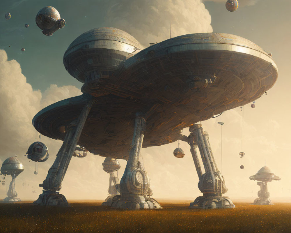 Futuristic golden field with mushroom-shaped structures and floating orbs