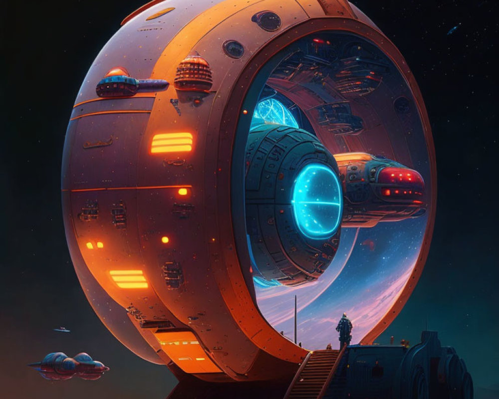 Futuristic spherical spaceship with blue engines above platform under starry sky