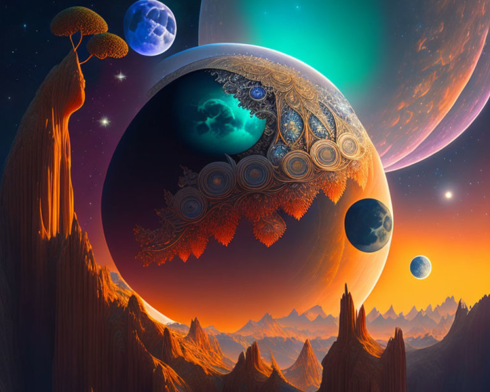 Surreal cosmic scene with ornate moons and vibrant auroras