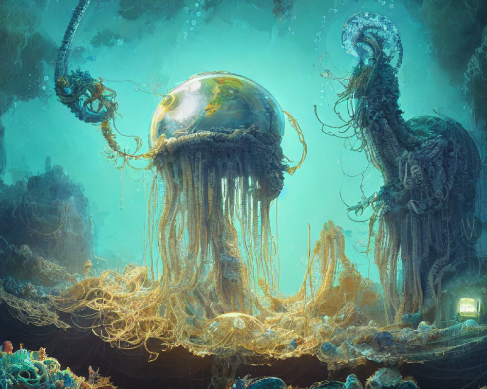 Underwater scene with large jellyfish-like creature, ruins, diver, and aquatic flora