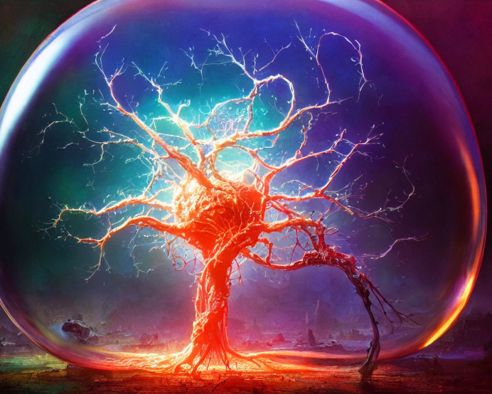 Luminous tree with lightning branches in glowing bubble on mystical landscape