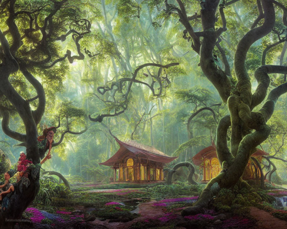 Mystical forest scene with mossy trees, pond, light, and wooden pavilion