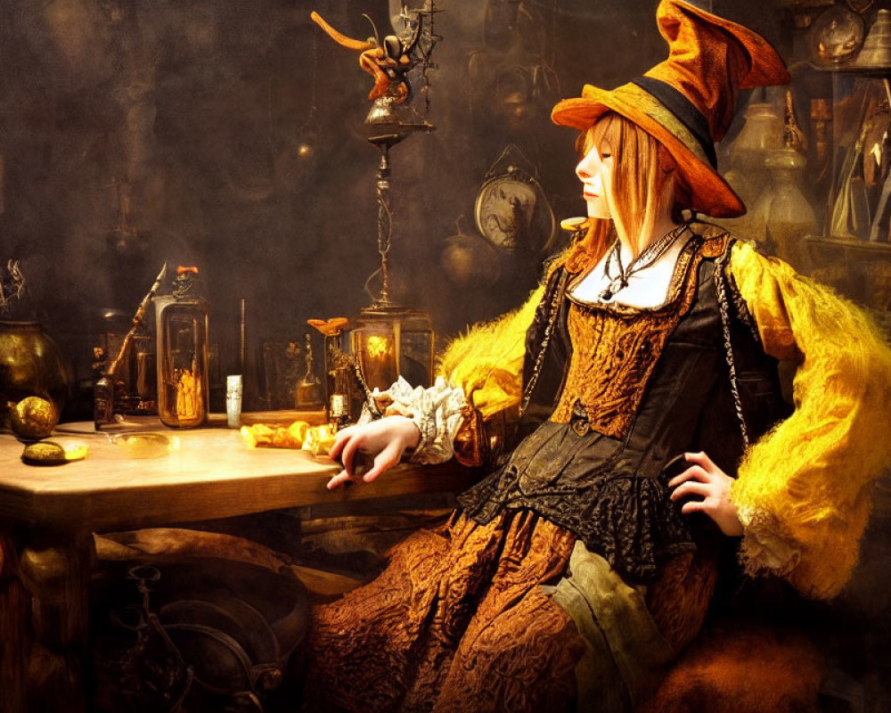 Fantasy wizard in whimsical attire at cluttered desk with candles, books, and potions