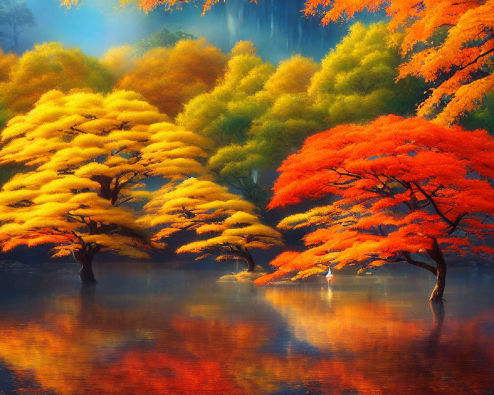 Colorful Autumn Trees Reflecting in Tranquil Water Body