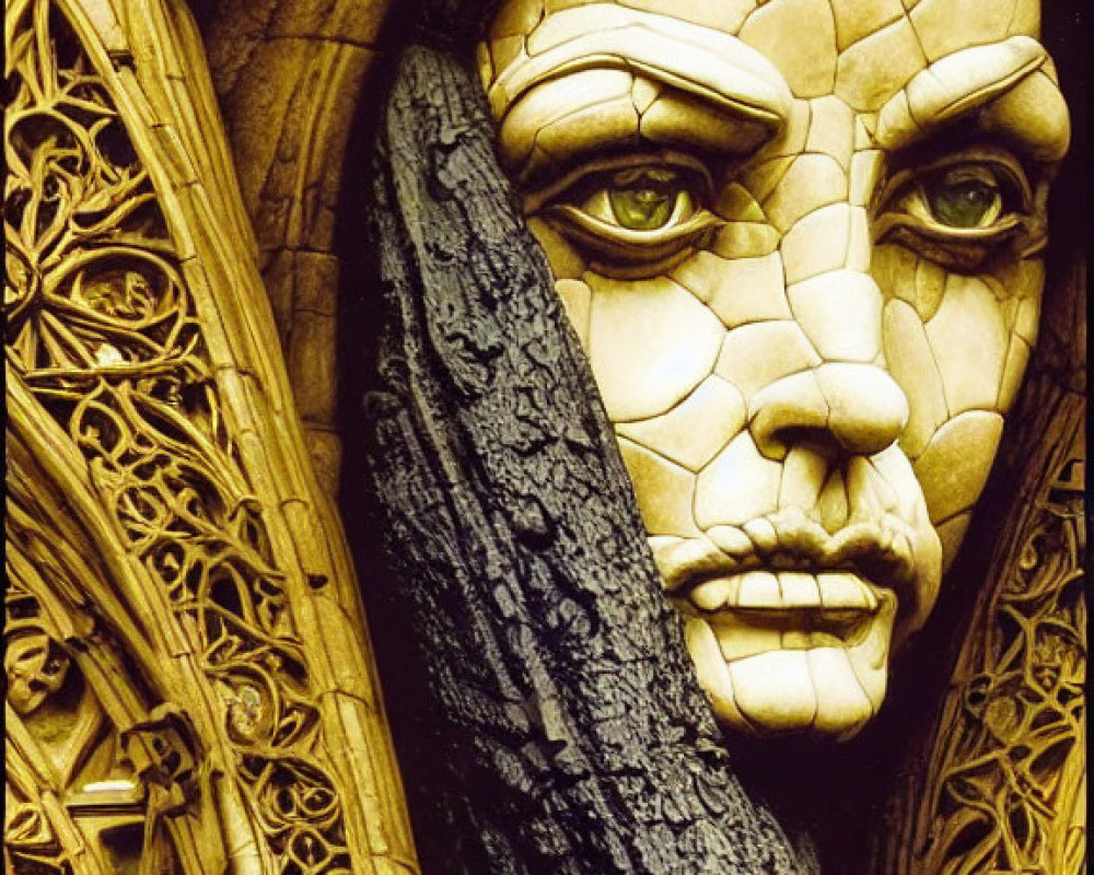 Intricate Woman's Face Sculpture in Gothic Arch with Stone Textures