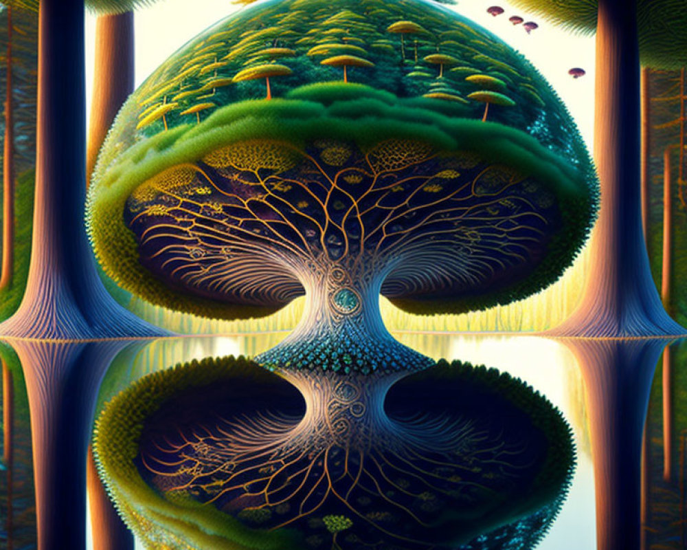 Symmetrical tree-like structure in vibrant digital artwork