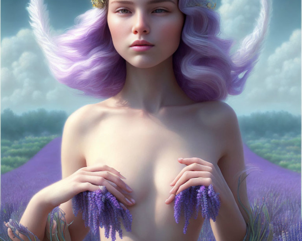 Fantastical woman with purple hair and horns in lavender field