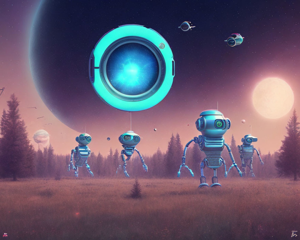 Futuristic robots in twilight meadow with hovering orb and drones.