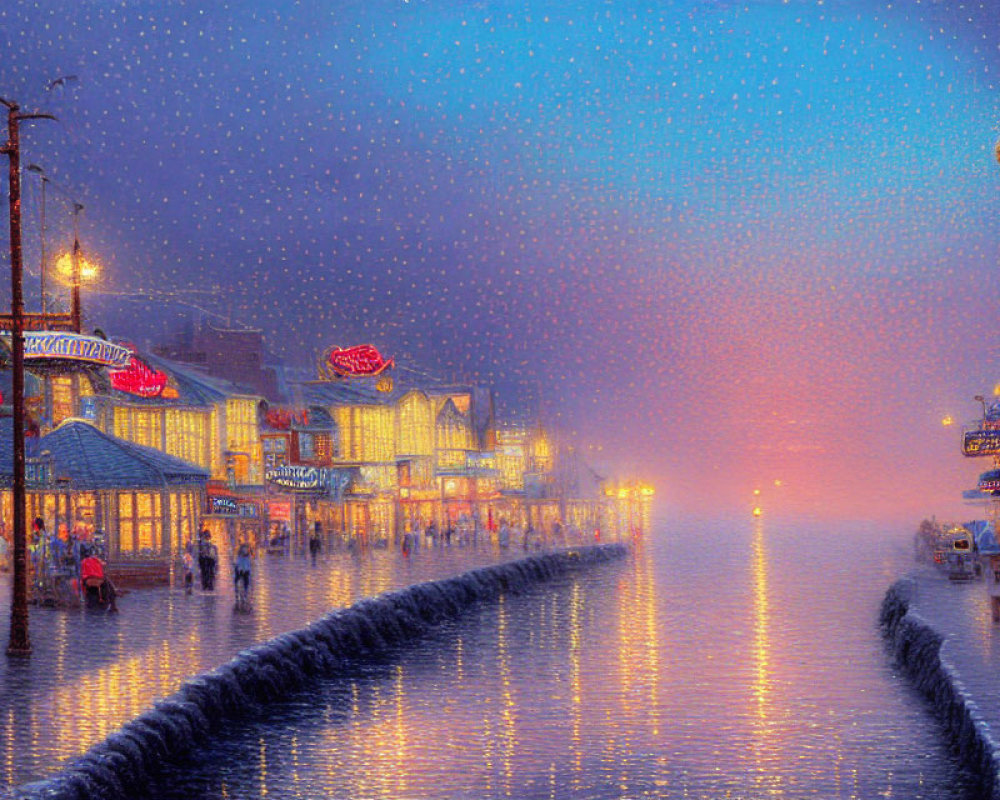 Vibrant Snowy Street Scene at Dusk with Neon Signs and Pedestrians