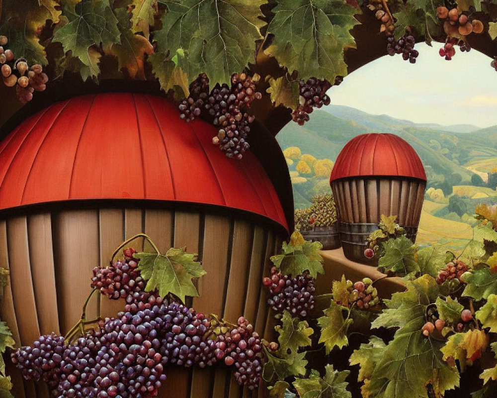 Autumnal landscape with whimsical balloon-like structures among grapevines