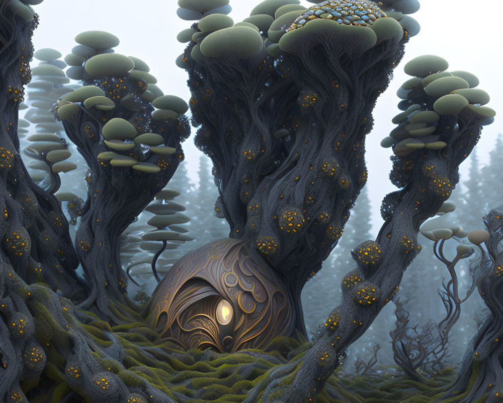 Enchanted forest with oversized mushrooms and mystical doorway