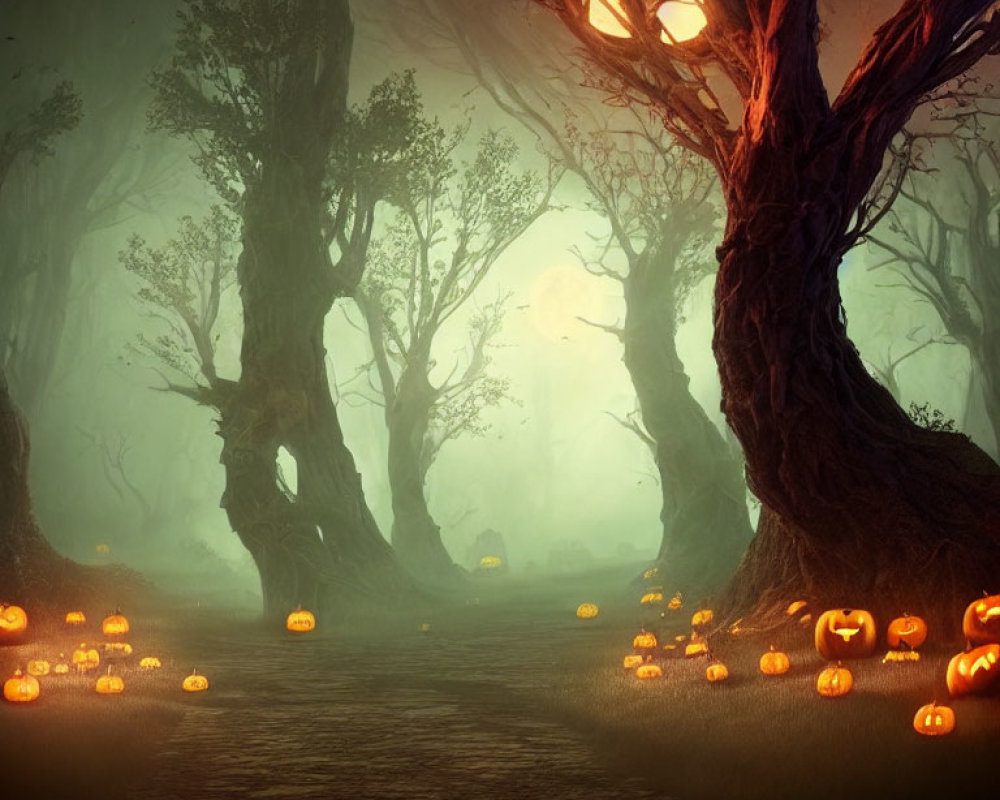 Glowing jack-o'-lanterns on eerie forest path at night