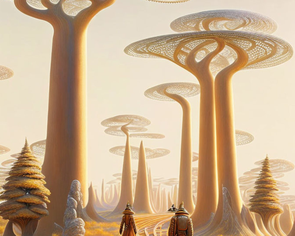Dreamlike landscape with towering mushroom-shaped structures and two figures walking.