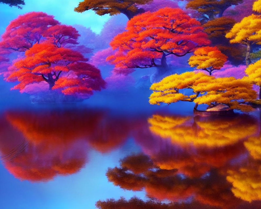 Colorful autumn trees reflecting on tranquil lake under purple sky