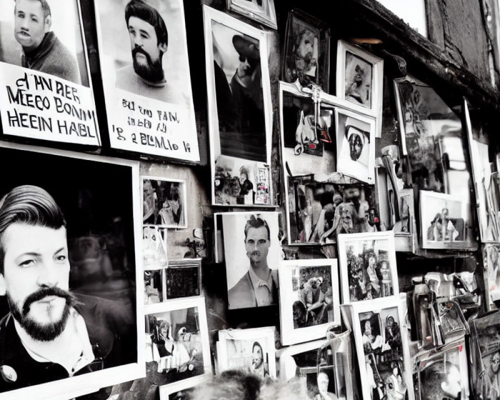 Monochrome wall covered with diverse photographs and posters