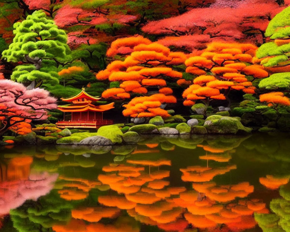 Japanese Garden with Red Temple, Green & Orange Trees, Tranquil Pond