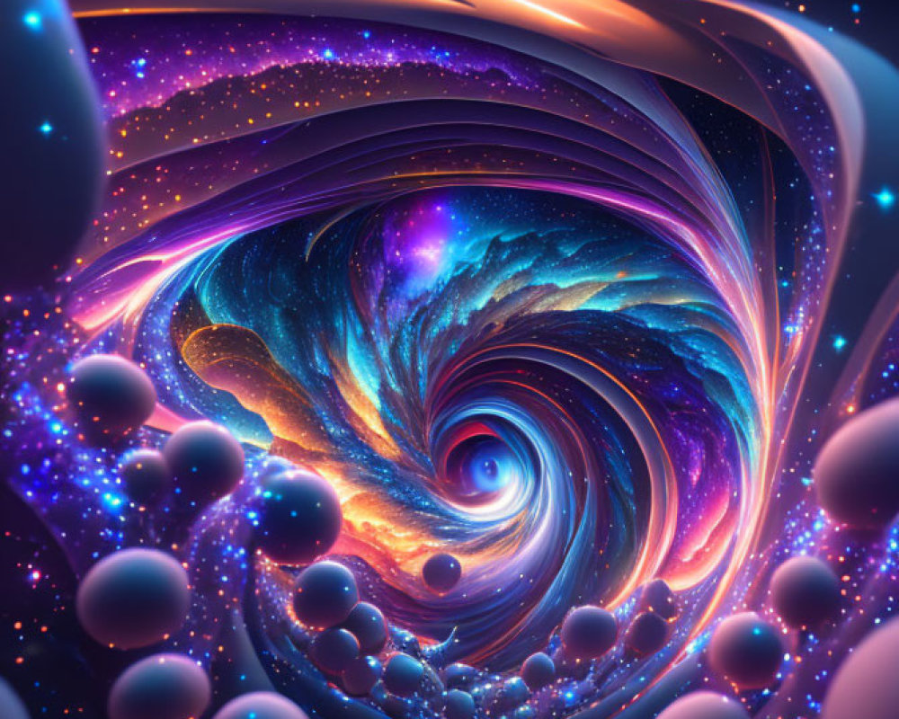 Colorful digital artwork of cosmic whirlpool with swirling patterns in blues and purples