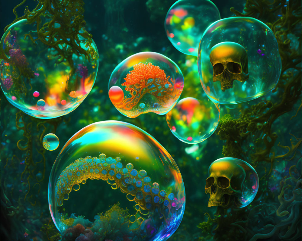 Colorful Corals and Skulls in Surreal Underwater Scene