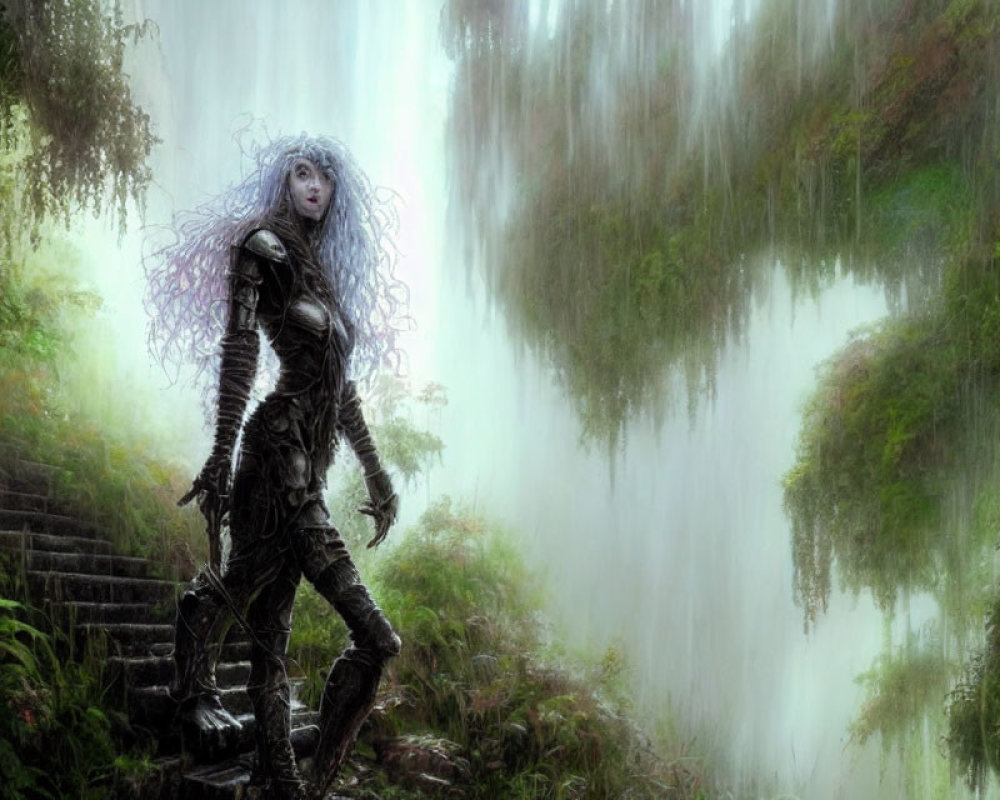 Mystical figure with pale skin and dark hair in misty forest setting