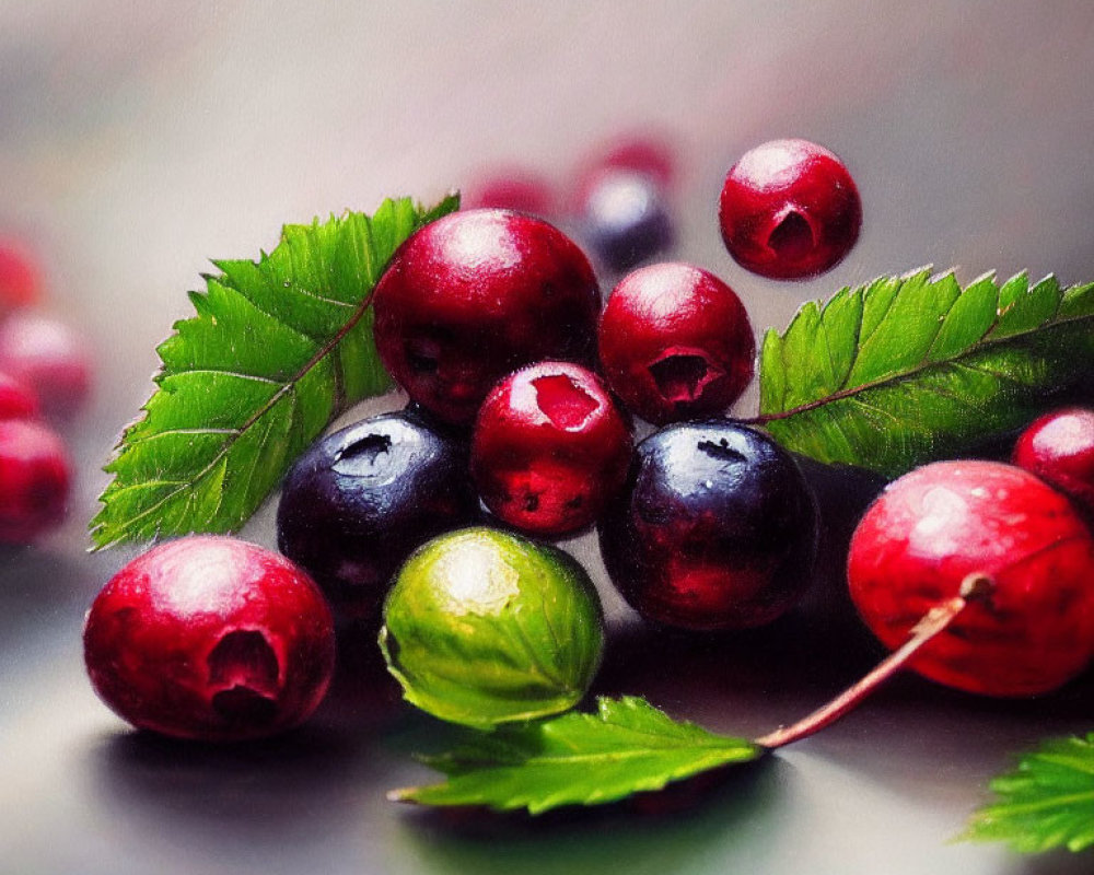 Colorful Assorted Berries and Lush Leaves on Soft-focus Background