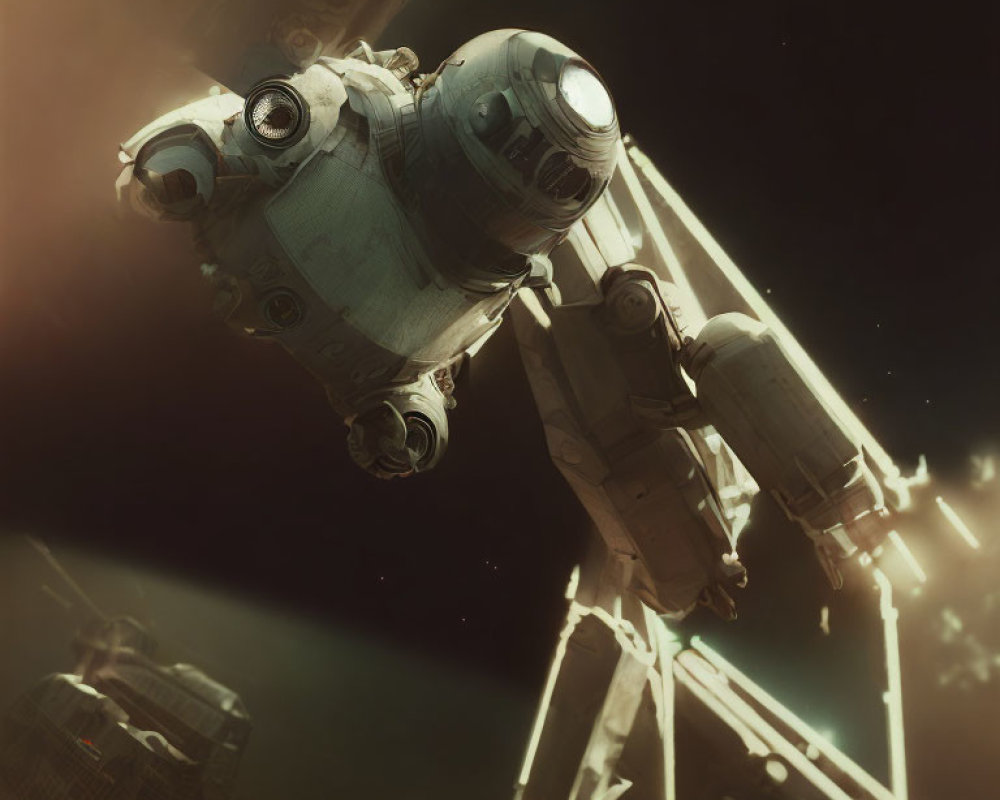 Futuristic robotic spacecraft with mechanical arms and intricate designs in glowing light against a starry backdrop.