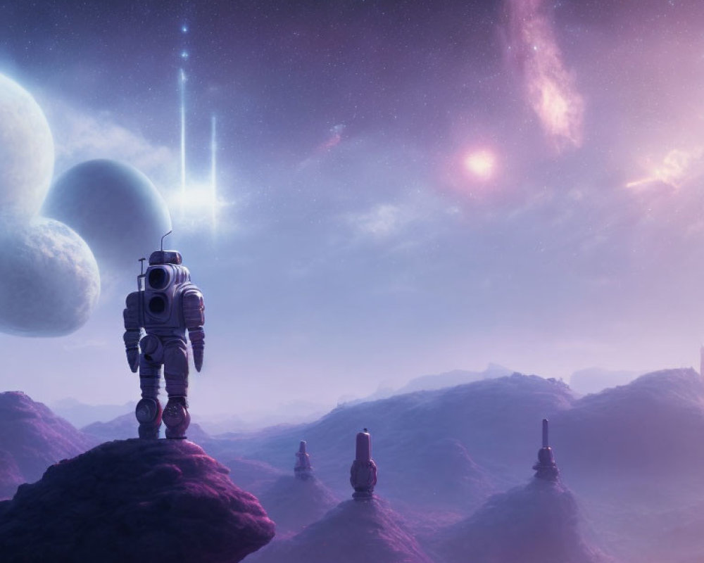 Astronaut on rocky alien terrain under purple sky with planets and galaxies.