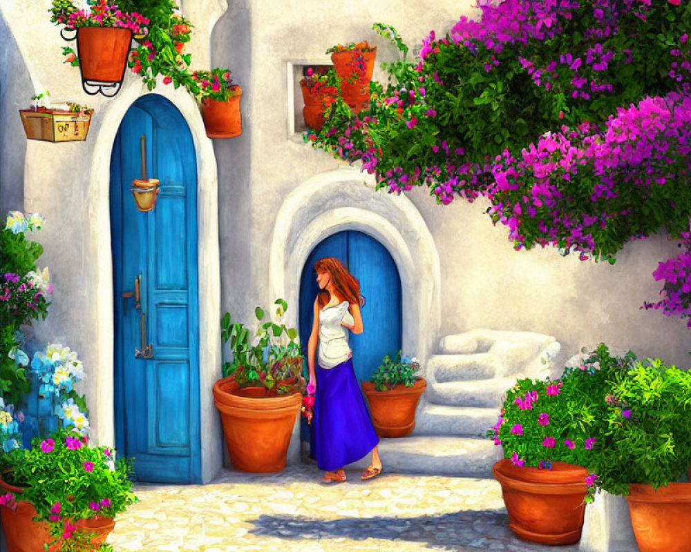 Vibrant Mediterranean alley with blue doors and bougainvillea