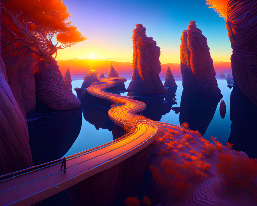 Scenic winding road through red-orange fantasy landscapes