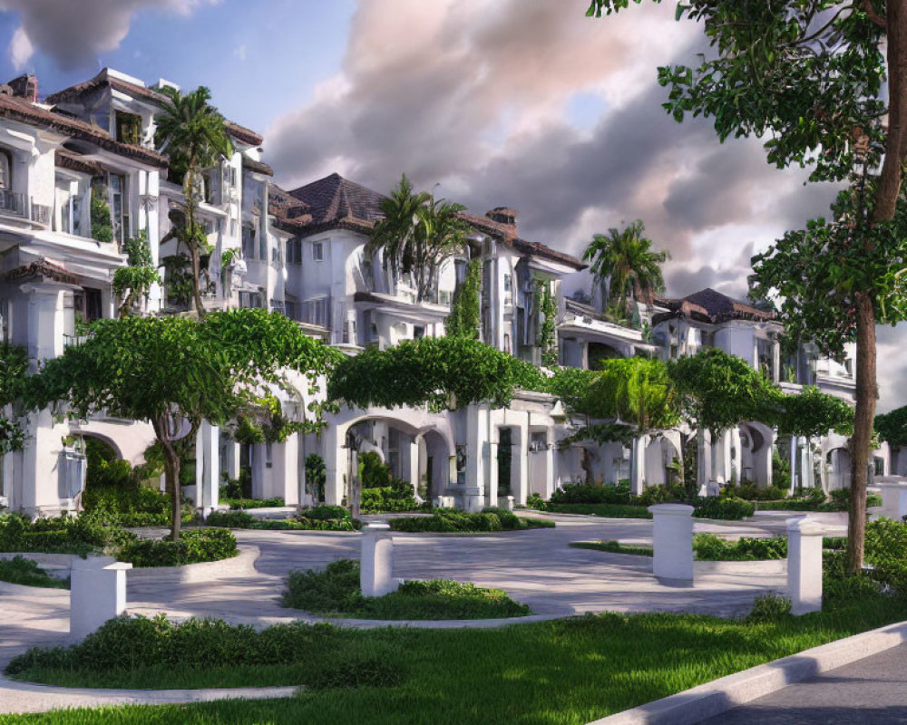 Luxurious Residential Area with White Multi-Story Buildings and Greenery