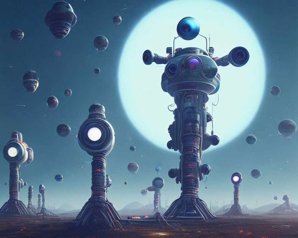 Futuristic robotic structures and floating orbs in a luminous landscape