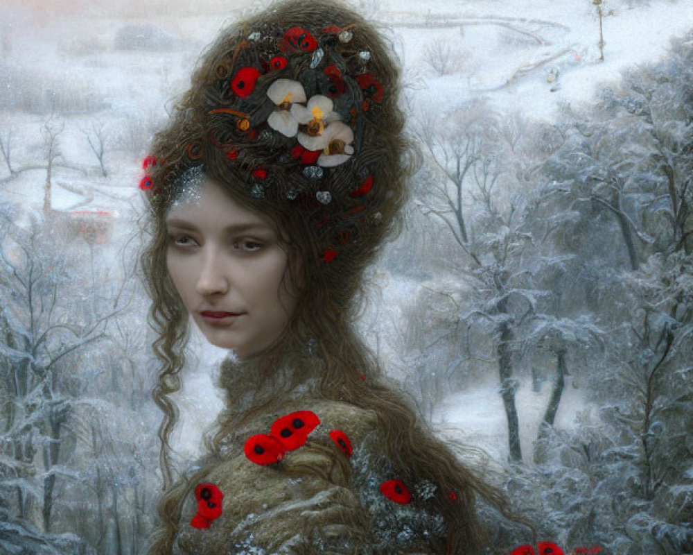 Woman with Red Poppies in Hair Gazes at Snowy Landscape