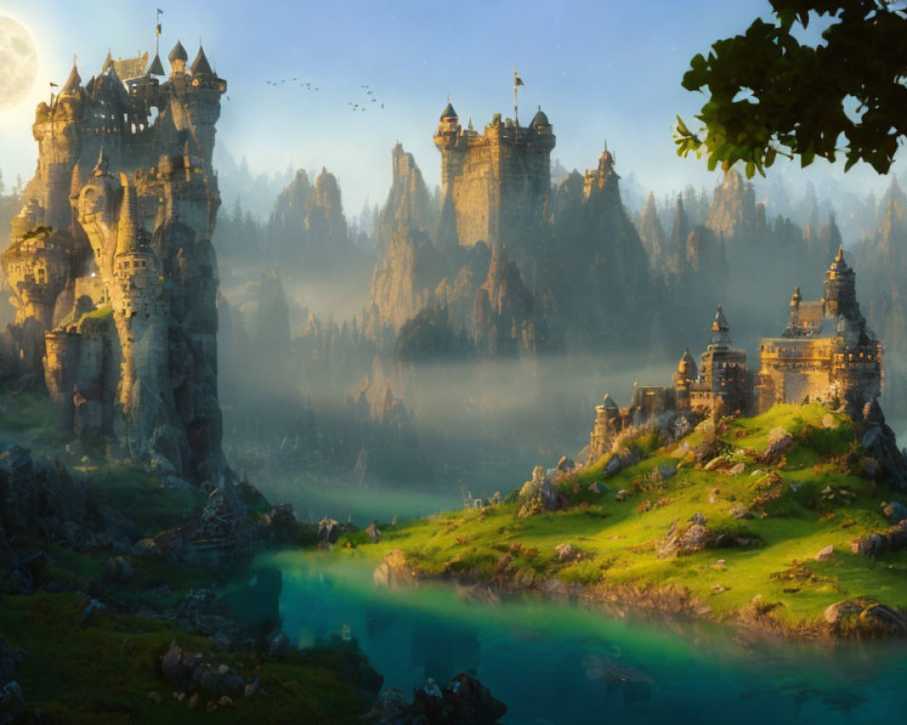 Majestic castles in a fantastical landscape with forested cliffs, mist, river, and