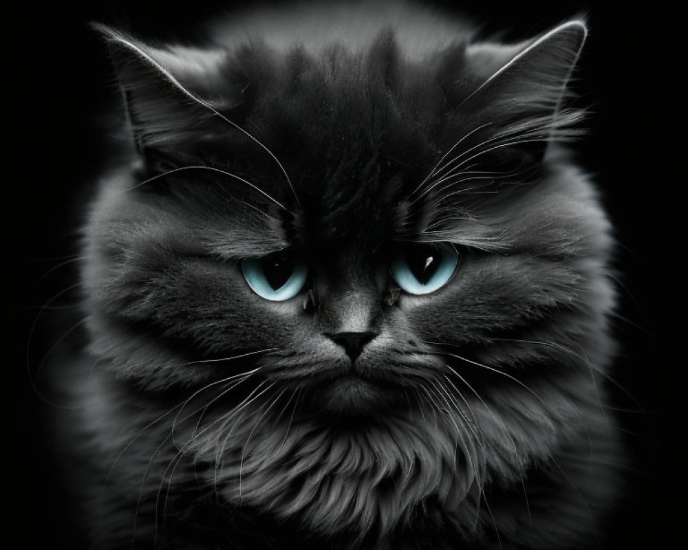 Fluffy Black Cat with Striking Blue Eyes on Dark Background