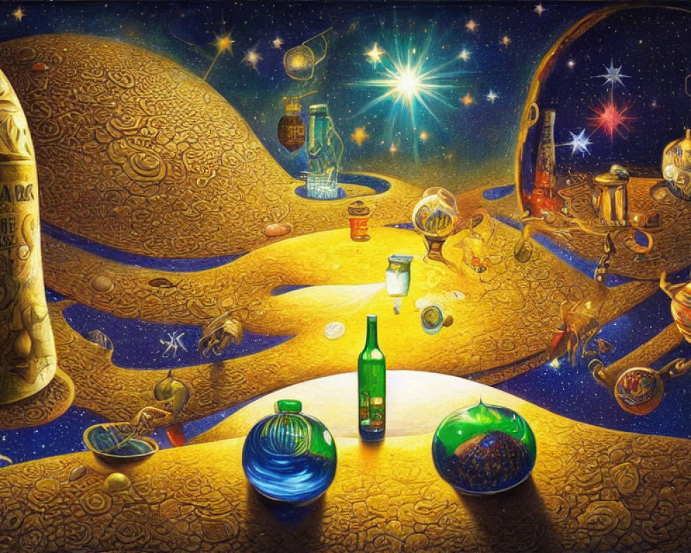 Surreal artwork with starry sky, golden sand, cosmic elements, bottle, glassware,